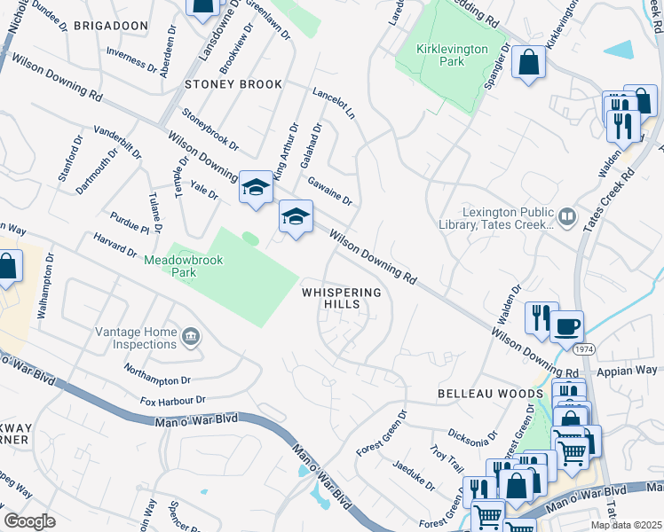 map of restaurants, bars, coffee shops, grocery stores, and more near 3712 Camelot Drive in Lexington