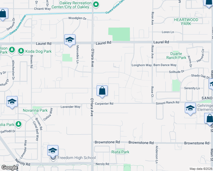 map of restaurants, bars, coffee shops, grocery stores, and more near 120 Mira Vista Drive in Oakley