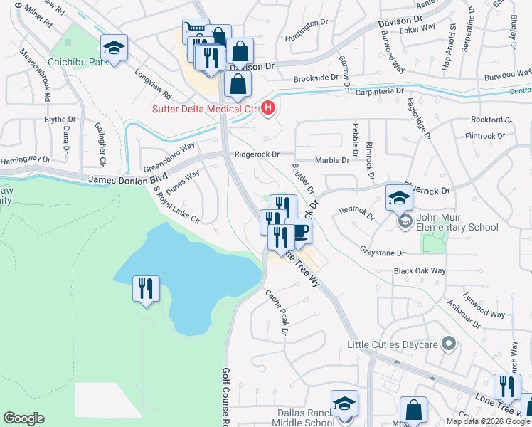 map of restaurants, bars, coffee shops, grocery stores, and more near 3508 Alberti Court in Antioch