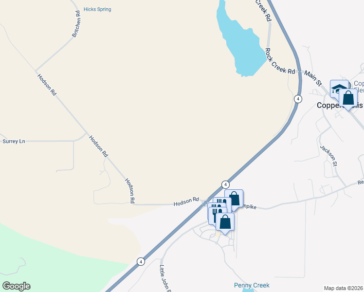 map of restaurants, bars, coffee shops, grocery stores, and more near California 4 in Copperopolis