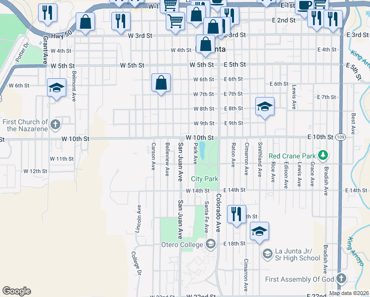 map of restaurants, bars, coffee shops, grocery stores, and more near 1000-1198 San Juan Ave in La Junta
