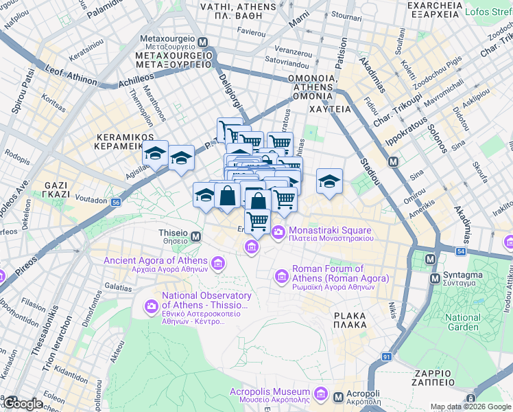 map of restaurants, bars, coffee shops, grocery stores, and more near in Athens