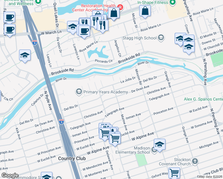 map of restaurants, bars, coffee shops, grocery stores, and more near 3911 Marine Avenue in Stockton