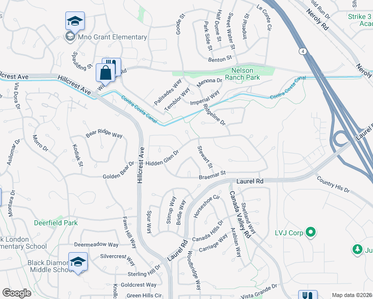 map of restaurants, bars, coffee shops, grocery stores, and more near 4600 Stewart Street in Antioch