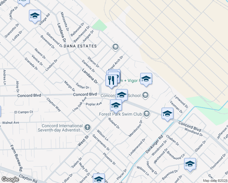map of restaurants, bars, coffee shops, grocery stores, and more near 1735 Sapling Court in Concord