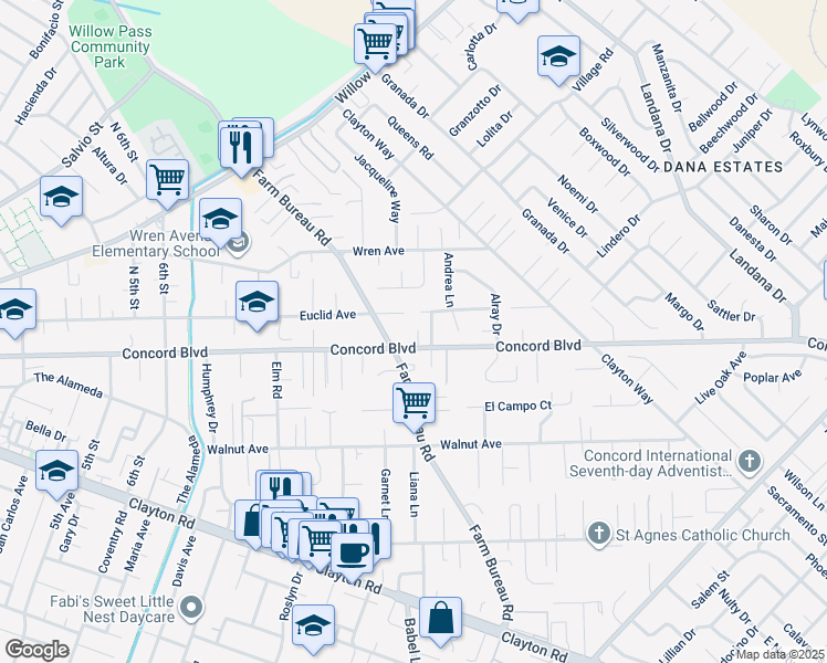 map of restaurants, bars, coffee shops, grocery stores, and more near 1811 Westbury Drive in Concord