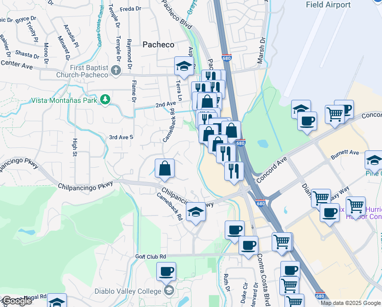 map of restaurants, bars, coffee shops, grocery stores, and more near 400 Suntree Lane in Pleasant Hill