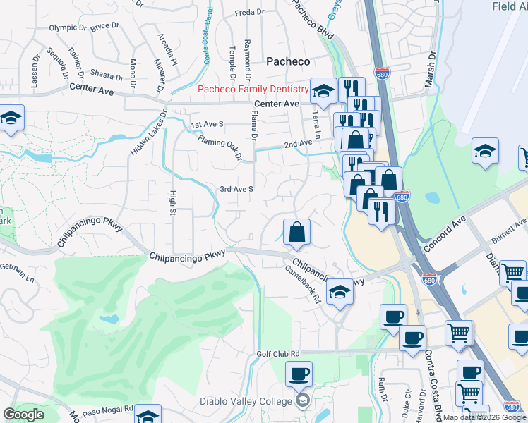 map of restaurants, bars, coffee shops, grocery stores, and more near 884 Camelback Place in Pleasant Hill