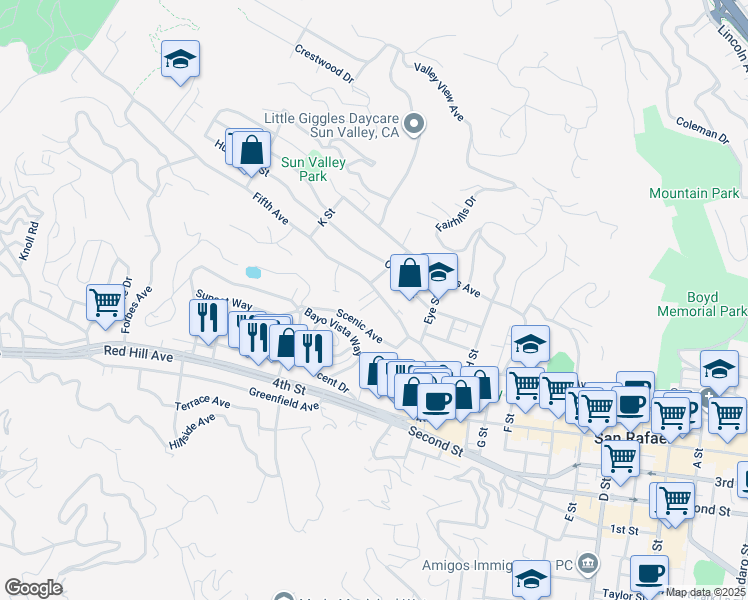 map of restaurants, bars, coffee shops, grocery stores, and more near 1971 Fifth Avenue in San Rafael
