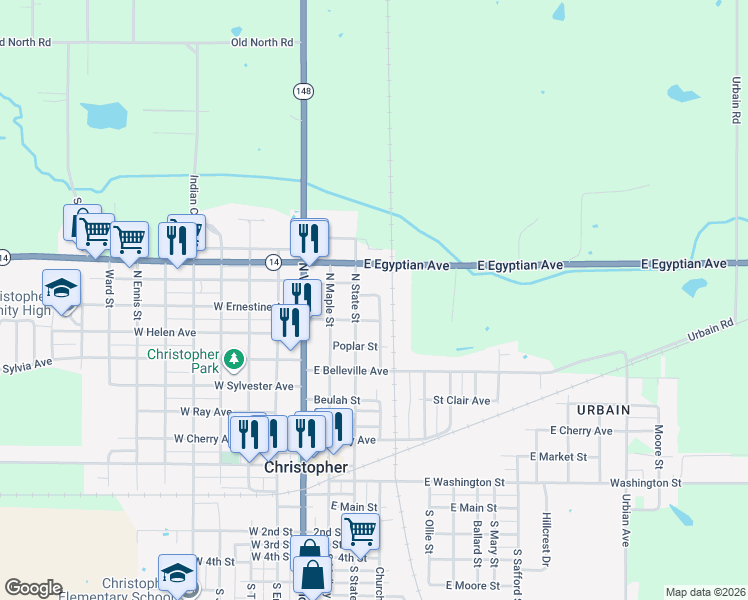 map of restaurants, bars, coffee shops, grocery stores, and more near Adelaide Avenue in Christopher