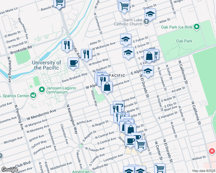 map of restaurants, bars, coffee shops, grocery stores, and more near 3208 Bonnie Lane in Stockton
