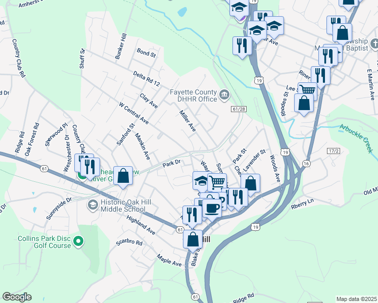 map of restaurants, bars, coffee shops, grocery stores, and more near in Oak Hill