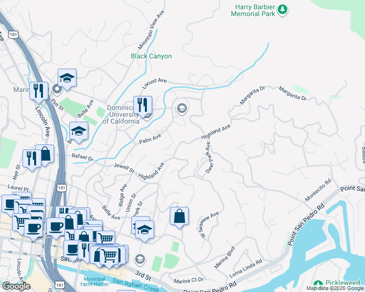 map of restaurants, bars, coffee shops, grocery stores, and more near 130 Highland Avenue in San Rafael