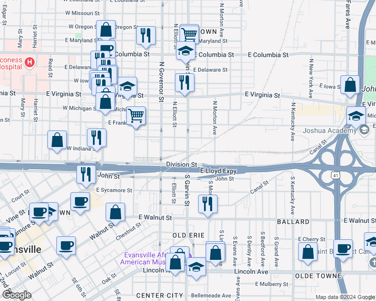 map of restaurants, bars, coffee shops, grocery stores, and more near 101 North Garvin Street in Evansville