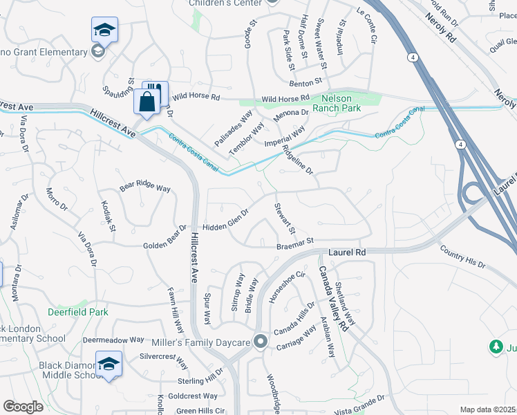 map of restaurants, bars, coffee shops, grocery stores, and more near 4528 Hidden Glen Drive in Antioch