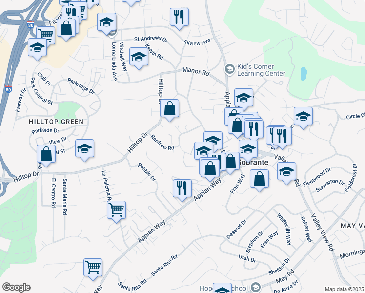 map of restaurants, bars, coffee shops, grocery stores, and more near 127 Renfrew Court in El Sobrante