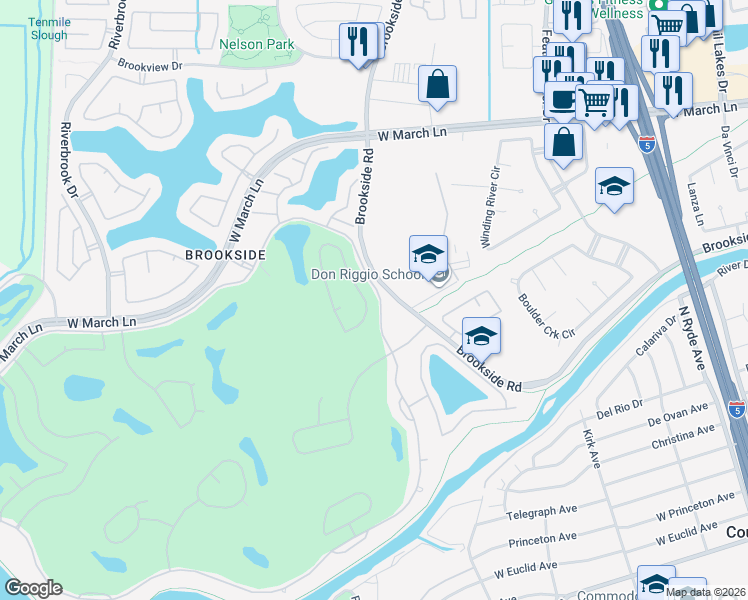 map of restaurants, bars, coffee shops, grocery stores, and more near 4055 Glen Abby Circle in Stockton