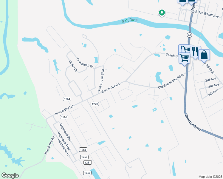 map of restaurants, bars, coffee shops, grocery stores, and more near 711 Beech Grove Road in Shepherdsville