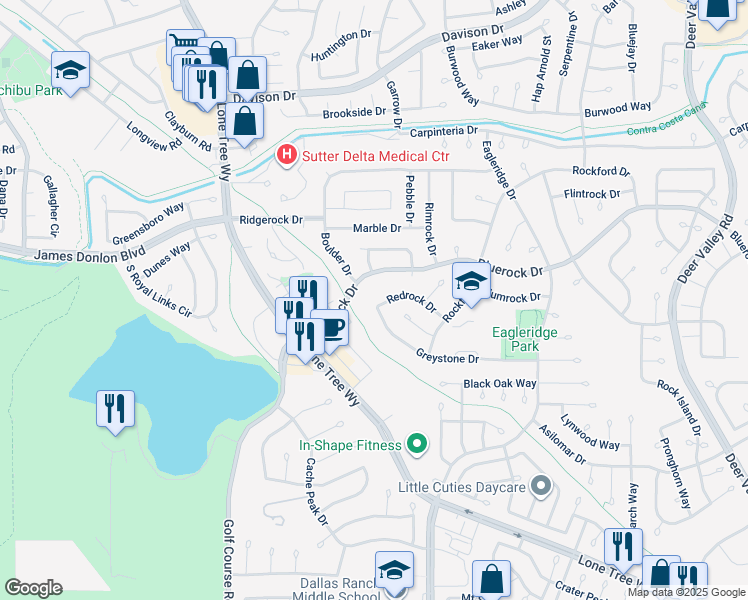 map of restaurants, bars, coffee shops, grocery stores, and more near 305 Redrock Drive in Antioch