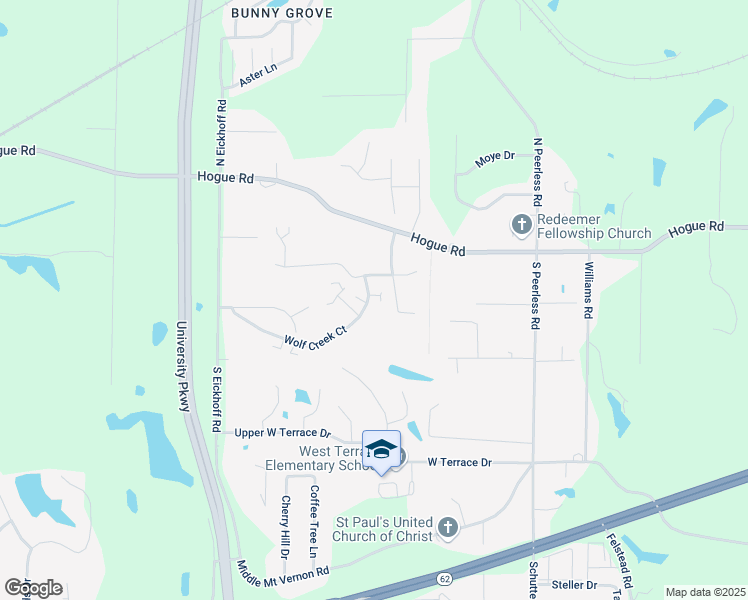map of restaurants, bars, coffee shops, grocery stores, and more near 111 South Faith Way in Evansville
