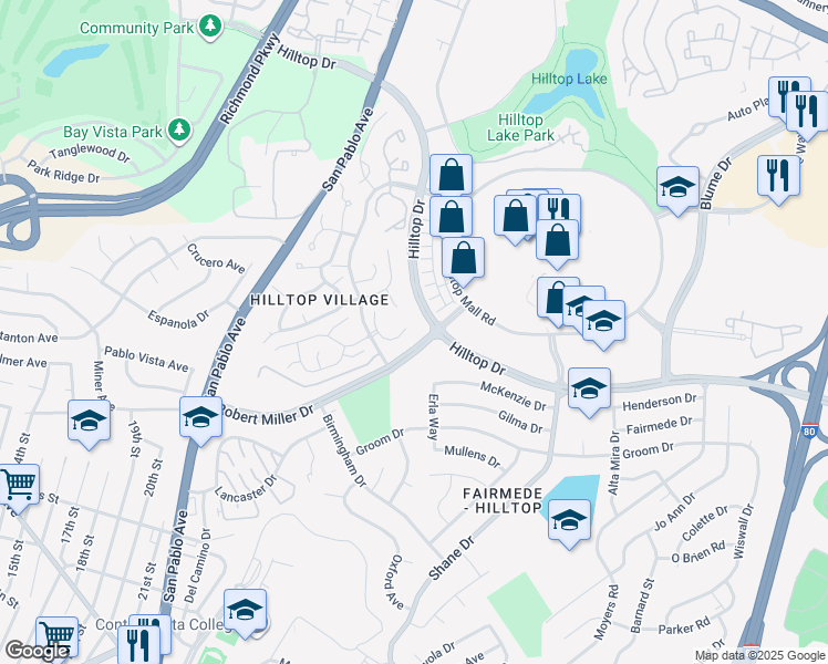 map of restaurants, bars, coffee shops, grocery stores, and more near 3231 Southridge Drive in Richmond