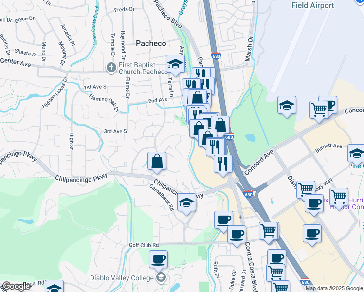 map of restaurants, bars, coffee shops, grocery stores, and more near 500 Suntree Lane in Pleasant Hill