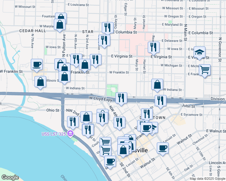 map of restaurants, bars, coffee shops, grocery stores, and more near 21 North First Avenue in Evansville