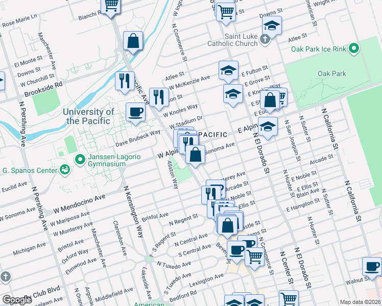 map of restaurants, bars, coffee shops, grocery stores, and more near 3227 Bonnie Lane in Stockton