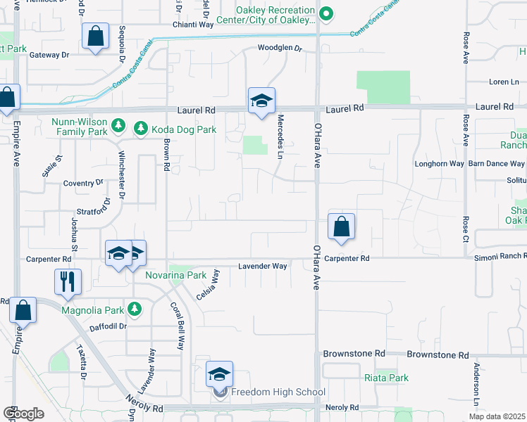 map of restaurants, bars, coffee shops, grocery stores, and more near 1180 Kay Avenue in Oakley