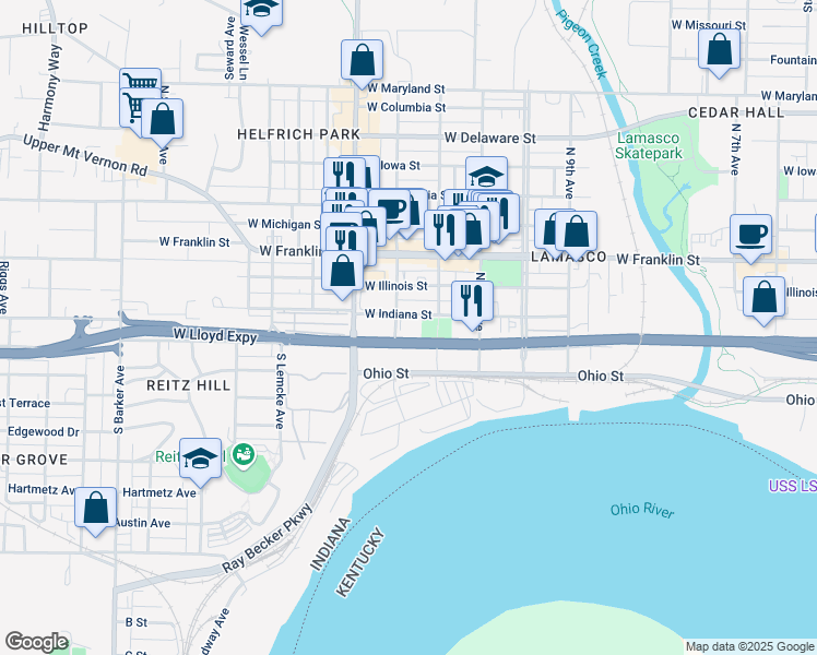 map of restaurants, bars, coffee shops, grocery stores, and more near 2224 West Indiana Street in Evansville
