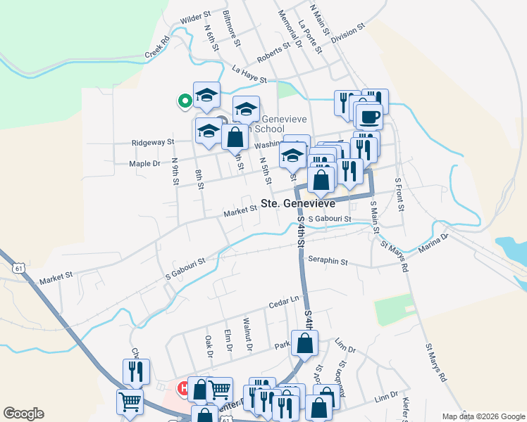 map of restaurants, bars, coffee shops, grocery stores, and more near 590 Market Street in Ste. Genevieve