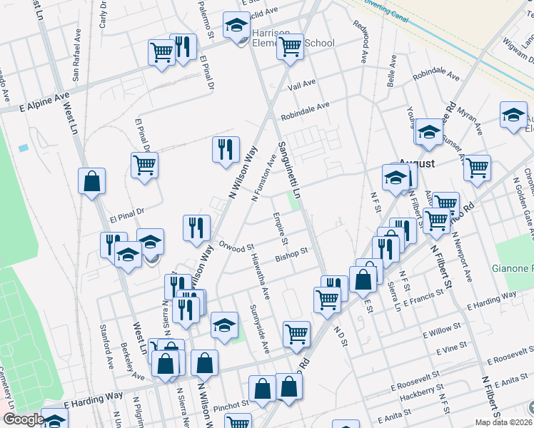 map of restaurants, bars, coffee shops, grocery stores, and more near 2130 North Funston Avenue in Stockton