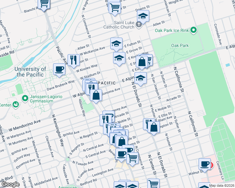map of restaurants, bars, coffee shops, grocery stores, and more near 3 West Mendocino Avenue in Stockton
