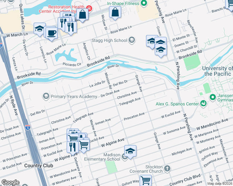 map of restaurants, bars, coffee shops, grocery stores, and more near 3750 Mission Road in Stockton