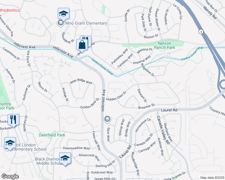 map of restaurants, bars, coffee shops, grocery stores, and more near 4565 Bonraven Way in Antioch