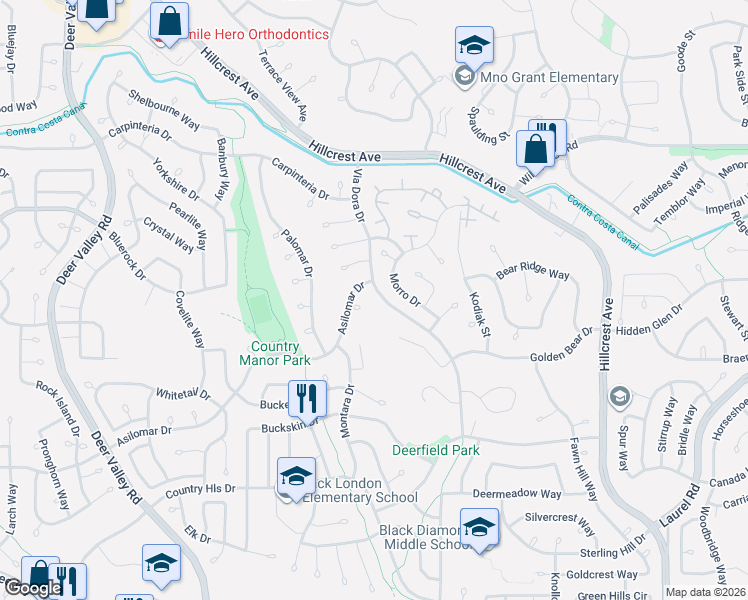 map of restaurants, bars, coffee shops, grocery stores, and more near 2756 Asilomar Drive in Antioch