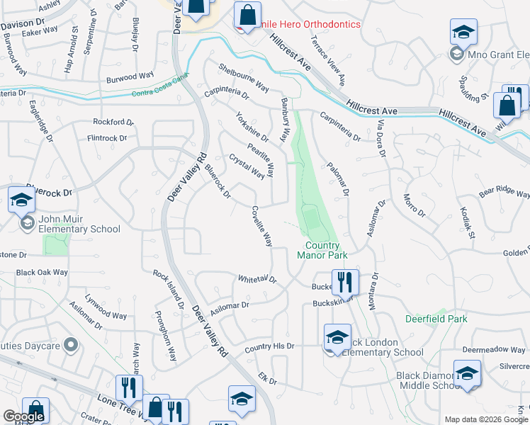 map of restaurants, bars, coffee shops, grocery stores, and more near 2536 Bluerock Drive in Antioch