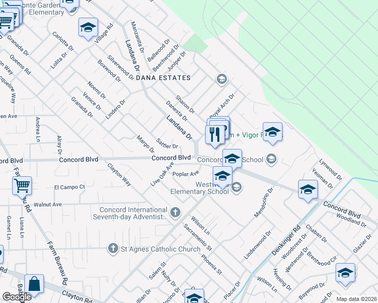 map of restaurants, bars, coffee shops, grocery stores, and more near 1748 Southpark Court in Concord