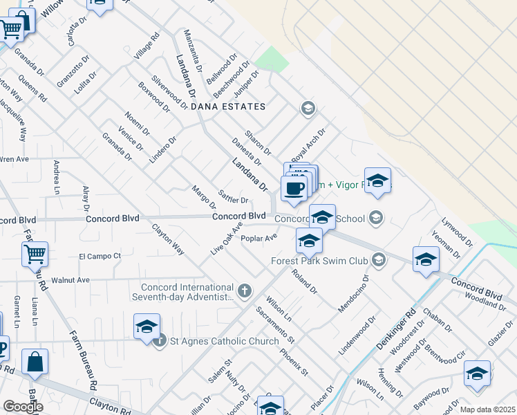 map of restaurants, bars, coffee shops, grocery stores, and more near 1748 Southpark Court in Concord