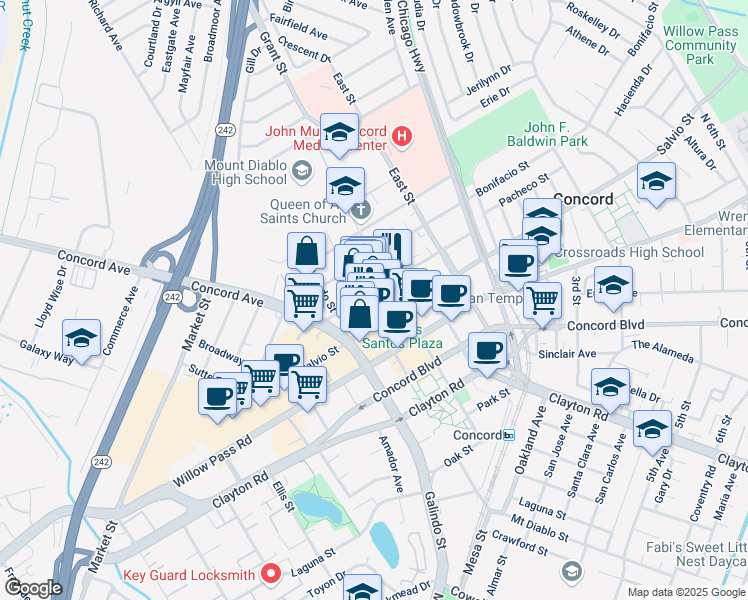 map of restaurants, bars, coffee shops, grocery stores, and more near 2110 Mount Diablo Street in Concord
