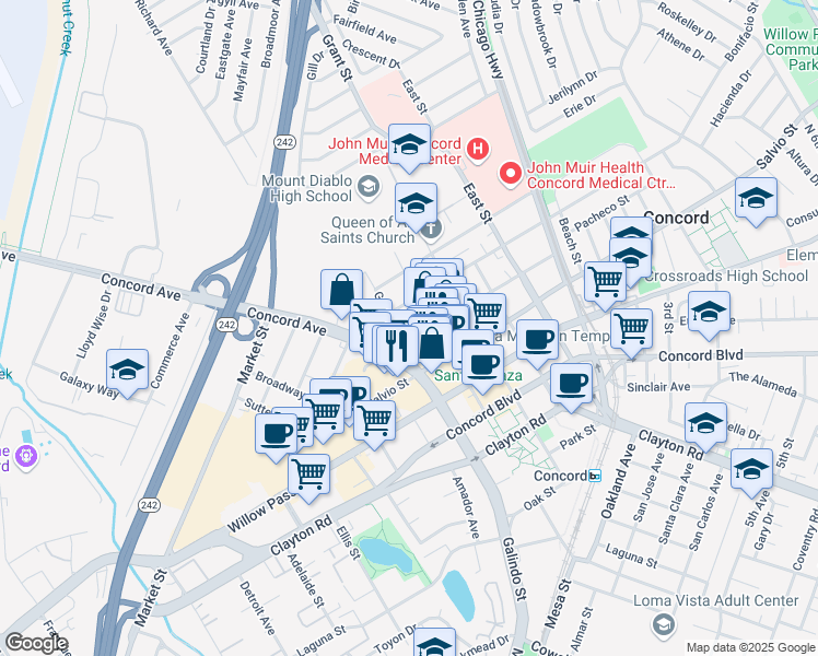 map of restaurants, bars, coffee shops, grocery stores, and more near 2174 Galindo Street in Concord