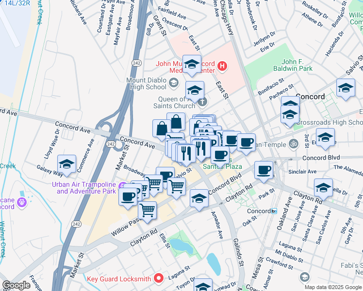 map of restaurants, bars, coffee shops, grocery stores, and more near 2174 Galindo Street in Concord