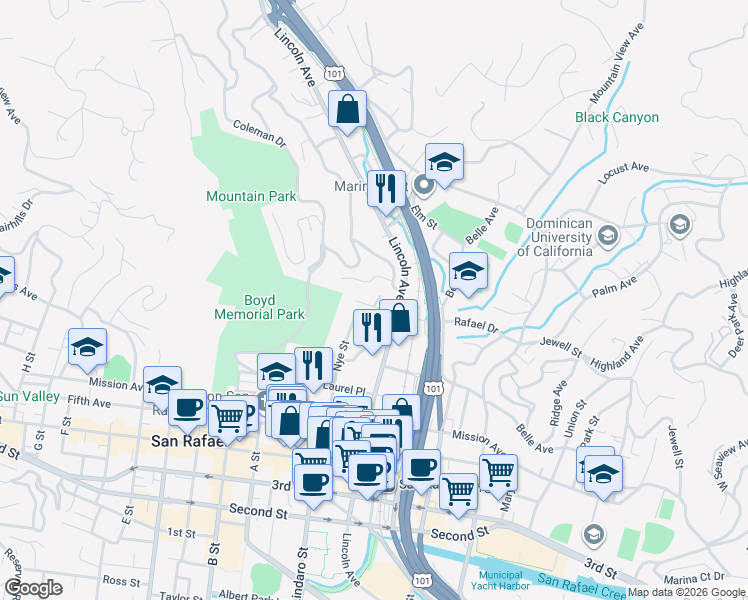map of restaurants, bars, coffee shops, grocery stores, and more near 21 La Vista Way in San Rafael