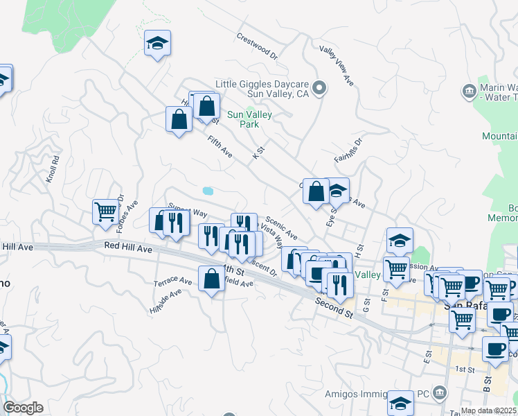 map of restaurants, bars, coffee shops, grocery stores, and more near 36 Leafwood Circle in San Rafael