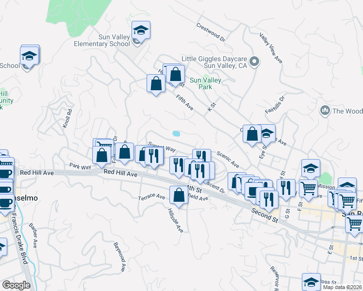map of restaurants, bars, coffee shops, grocery stores, and more near 328 Santa Margarita in San Rafael