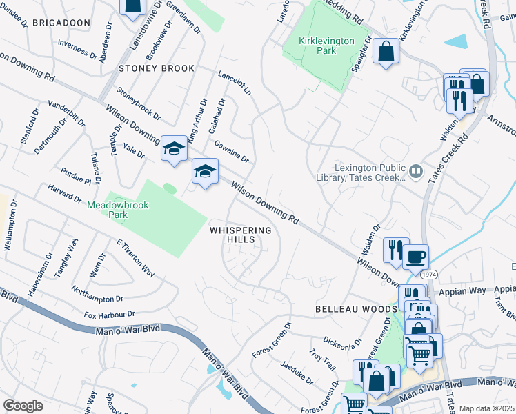 map of restaurants, bars, coffee shops, grocery stores, and more near 421 Whispering Hills Drive in Lexington