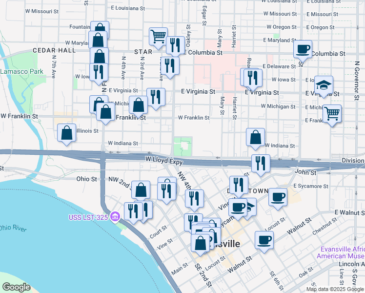 map of restaurants, bars, coffee shops, grocery stores, and more near 21 North First Avenue in Evansville