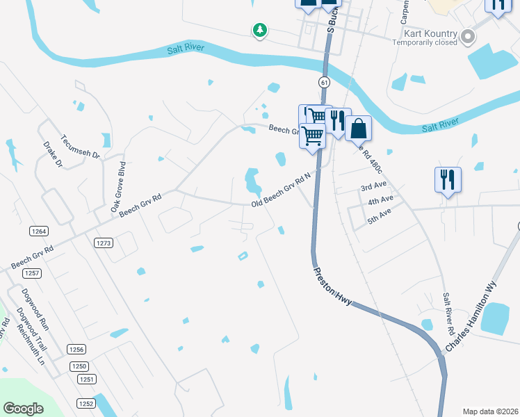 map of restaurants, bars, coffee shops, grocery stores, and more near 289 Beech Grove Road in Shepherdsville