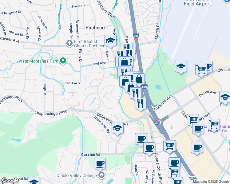 map of restaurants, bars, coffee shops, grocery stores, and more near 600 Suntree Lane in Pleasant Hill