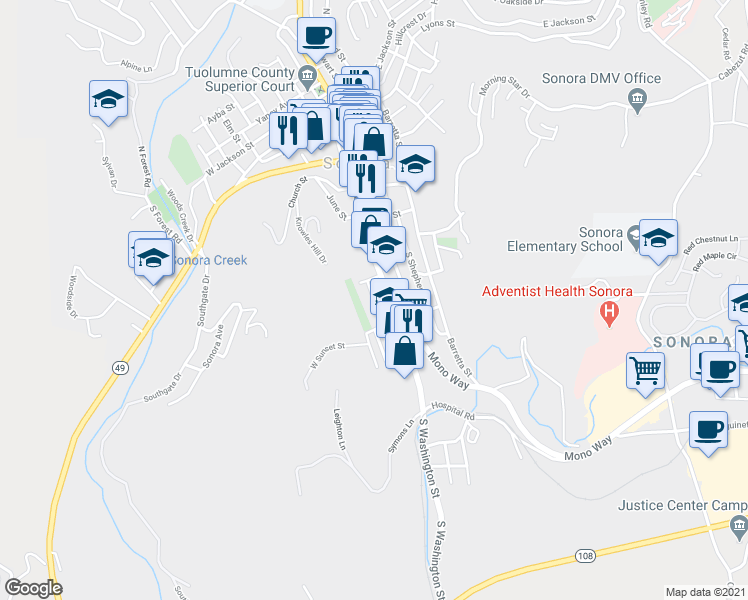 map of restaurants, bars, coffee shops, grocery stores, and more near 507 Mcgowan Street in Sonora